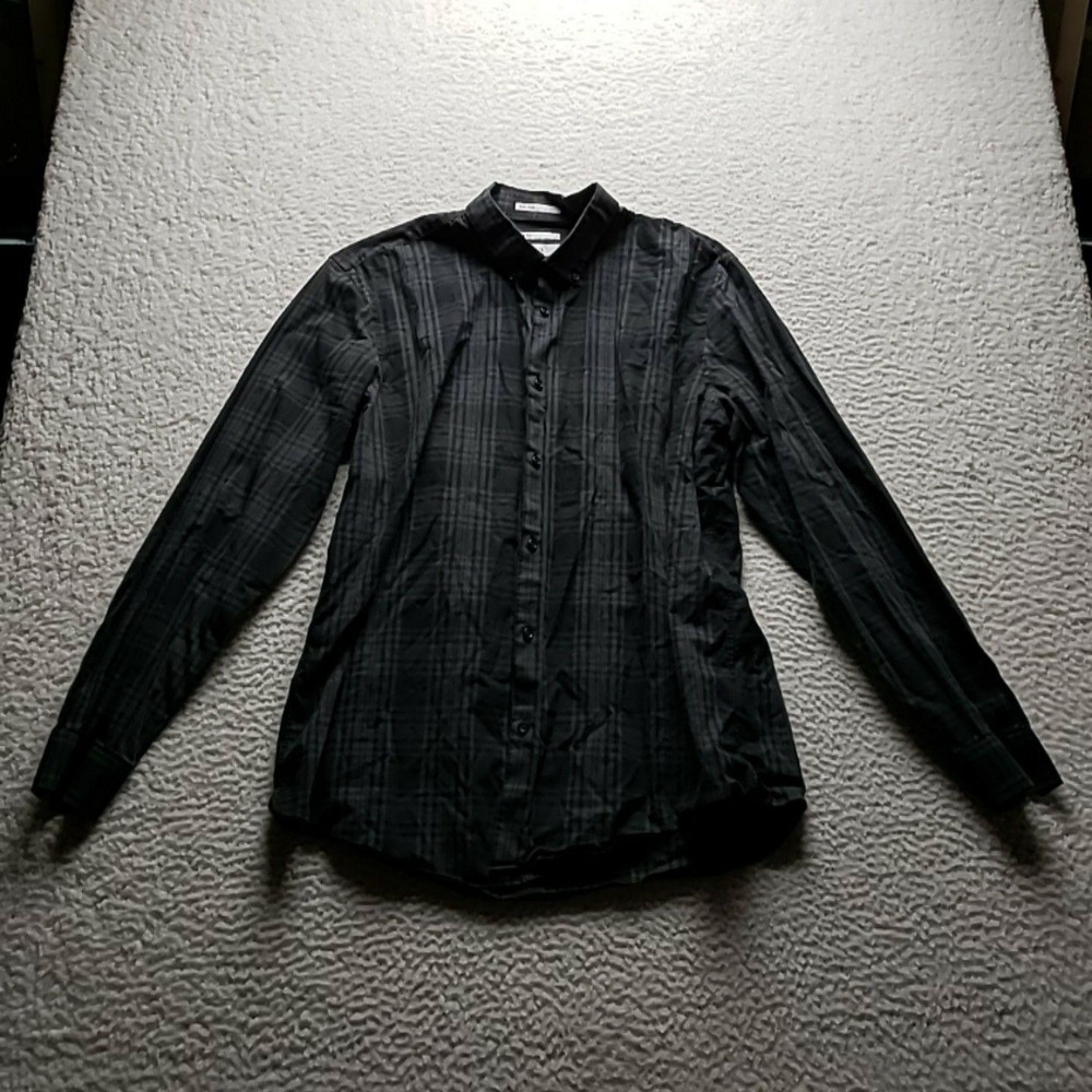Calibrate Dress Shirt Mens XL 34/35 Black Plaid Slim Fit Non Iron Long Sleeve